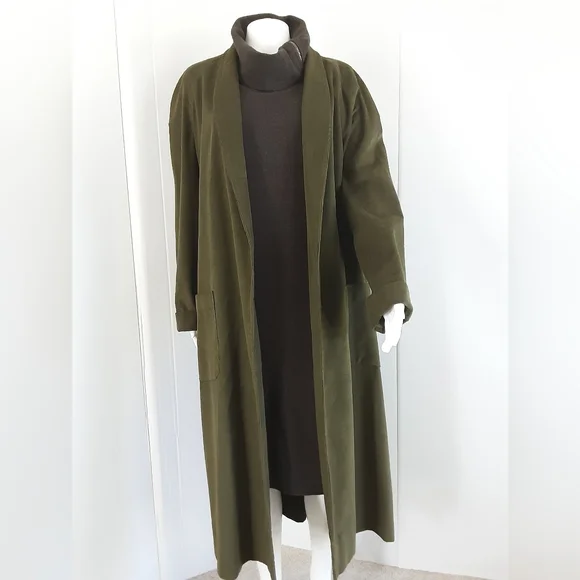 Green Corduroy 100% Cotton Shawl Collar Belted Open Front Pocket Long Coat Sz L - Picture 3 of 7